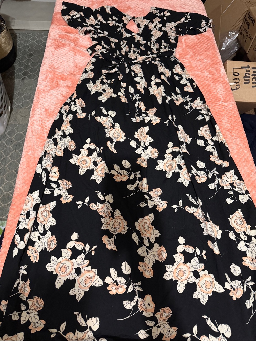 Angie Black Maxi Dress with Peach Floral Print